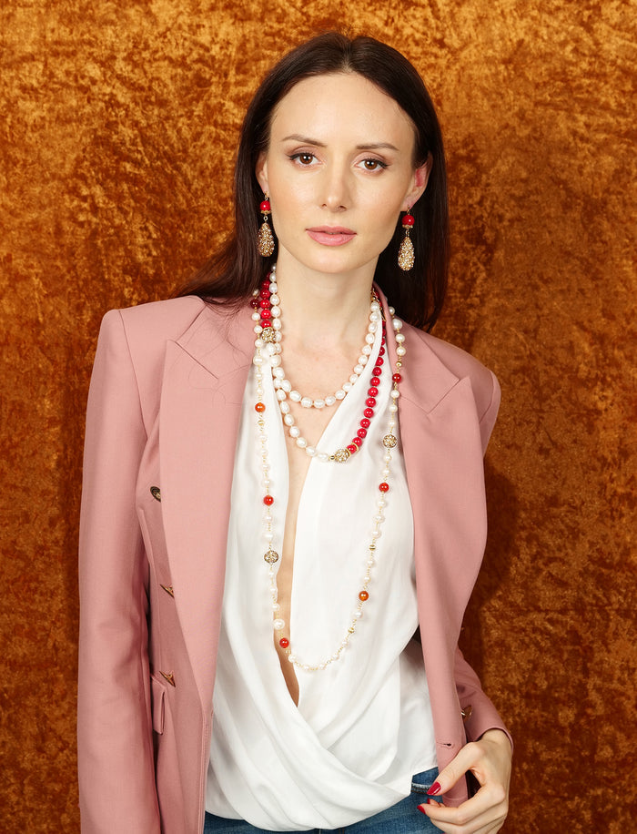 Freshwater Pearls with  Red Agate Chain Necklace FN007 - FARRA