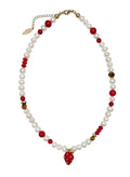 Freshwater Pearls With Red Bamboo Coral And Strawberry Pendant Necklace PN042