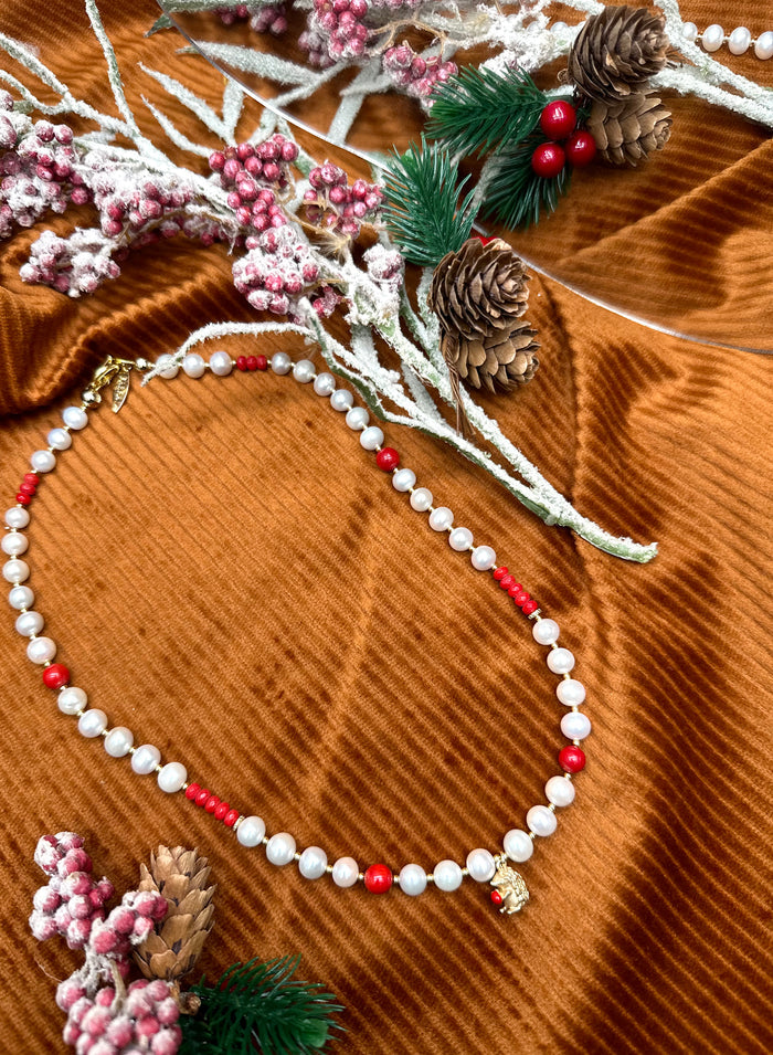 Freshwater Pearls With Red Bamboo Corals Hedgehog Charm Short Necklace KN050 - FARRA