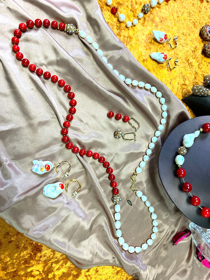 Freshwater Pearls with Red Corals Two Ways Necklace FN008 - FARRA