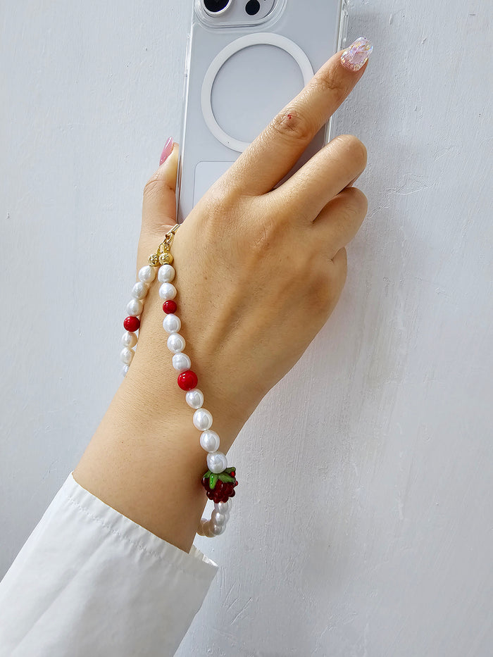 Freshwater Pearls With Red Raspberry And Bamboo Coral Phone Strap PC037