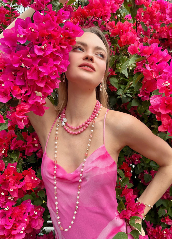 Freshwater Pearls And Pink Watermelon Quartz With Rose Charms Long Necklace LN006 - FARRA
