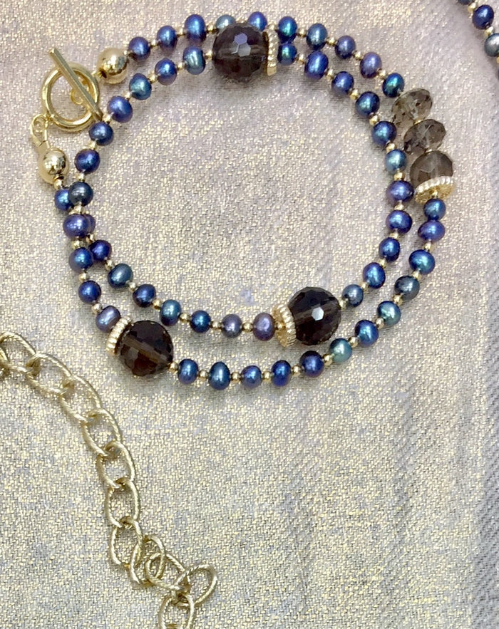 Freshwater Pearls With Smoky quartz  Double Wrapped Bracelet CB015 - FARRA