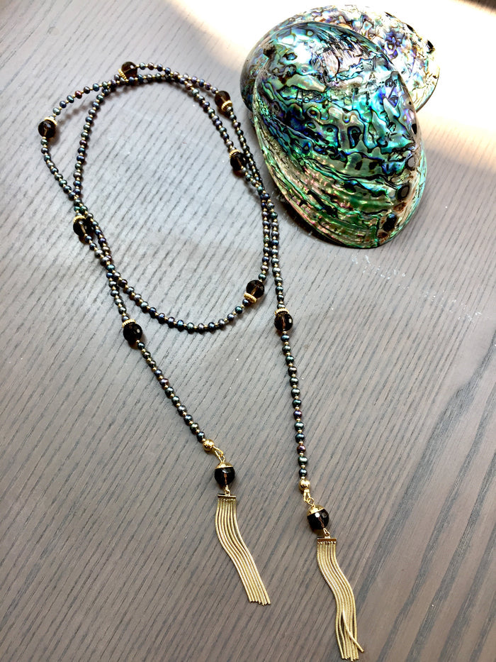 Freshwater pearls with smoky quartz  Open Ended Long Necklace CN046 - FARRA