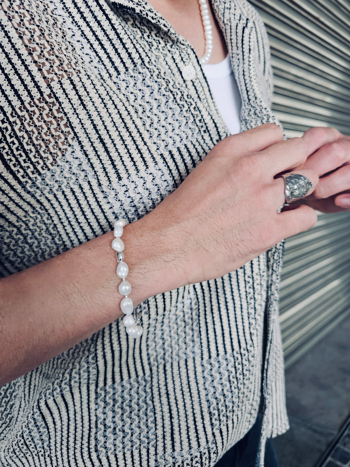 Freshwater Pearls With Sterling Silver Men's Bracelet MEB04