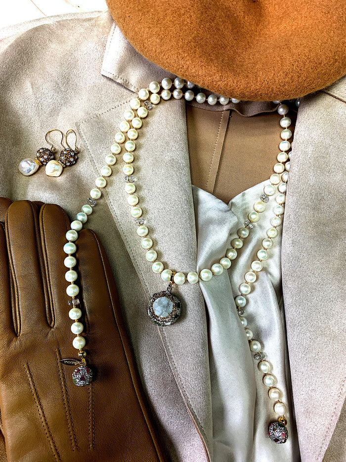 Freshwater Pearls With Tourmaline Rhinestones Open Ended Multi-way Necklace FN025 - FARRA