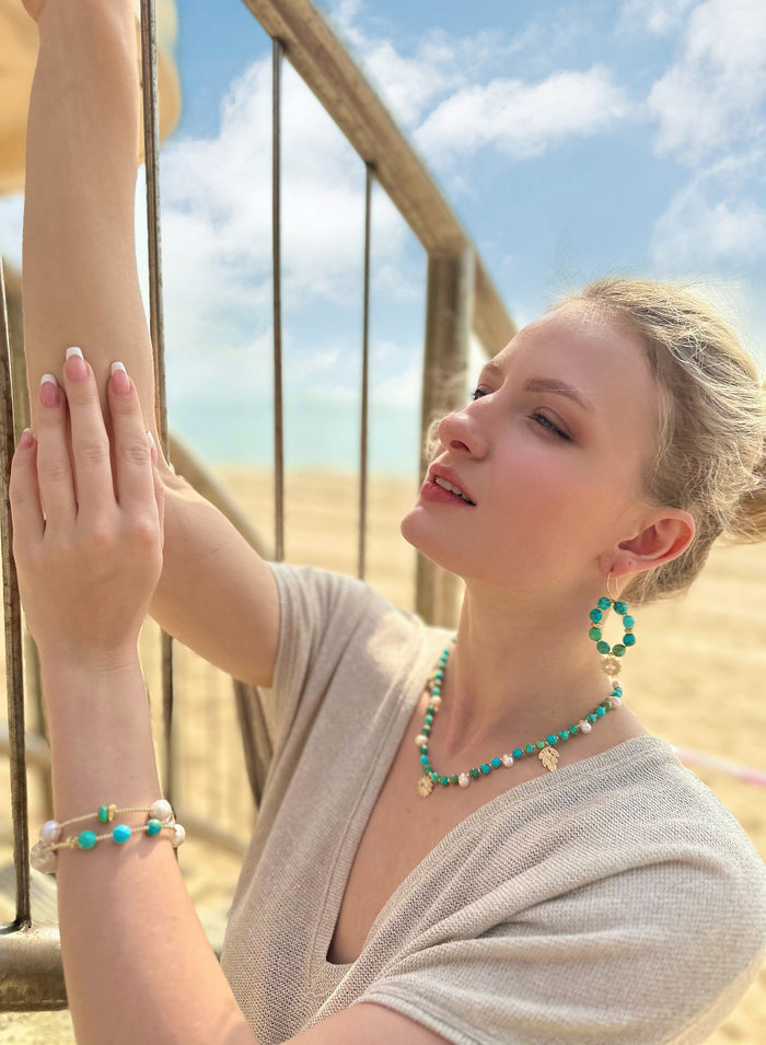 Freshwater Pearls With Turquoise Stones Double Wrapped Bracelet - FARRA