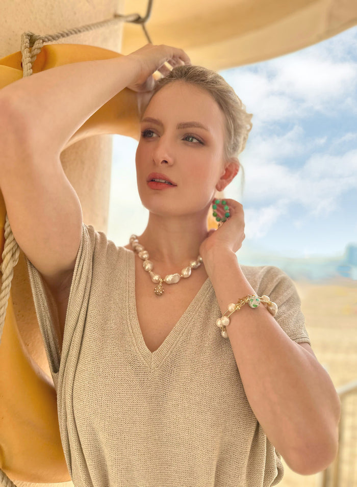 Freshwater Pearls With Turquoise Stones Double Wrapped Bracelet - FARRA
