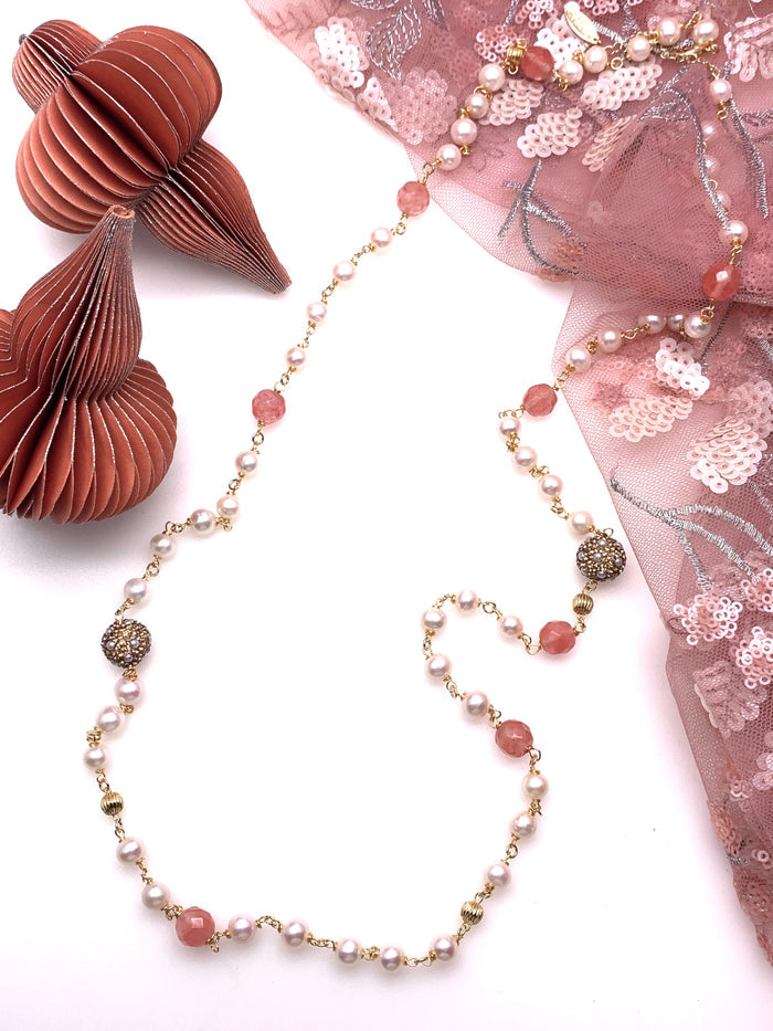 Freshwater Pearls with Watermelon Quartz Long Necklace GN004 - FARRA
