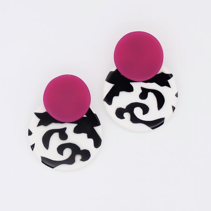 Fuchsia, Black and White Lola Statement Earrings - Sylca Designs - Artsy Chunky Jewelry