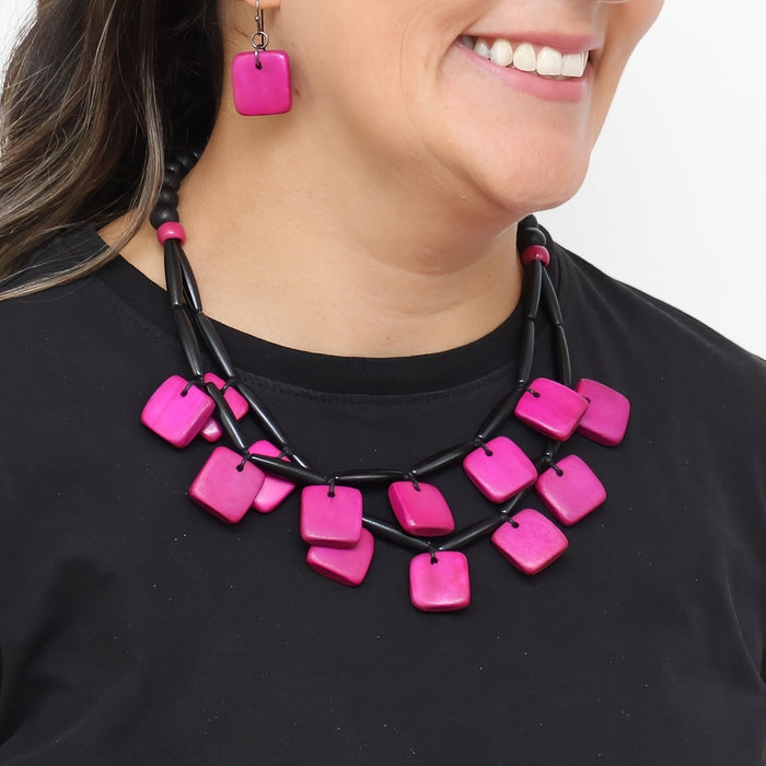 Fuchsia Cascade Wooden Statement Necklace