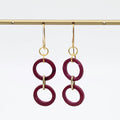 Pair of earrings with pink rings and gold hooks on a white background