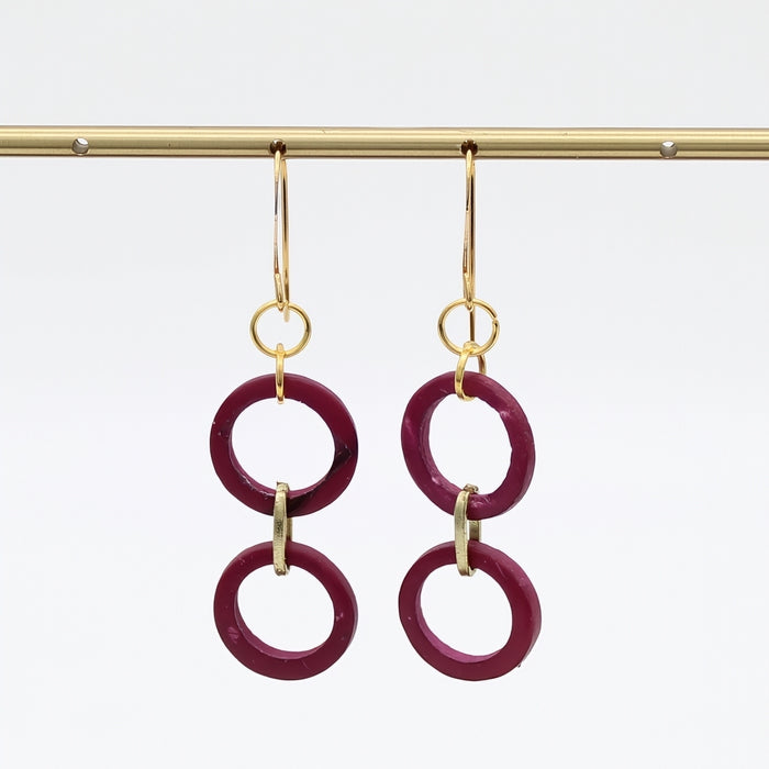 Pair of earrings with pink rings and gold hooks on a white background