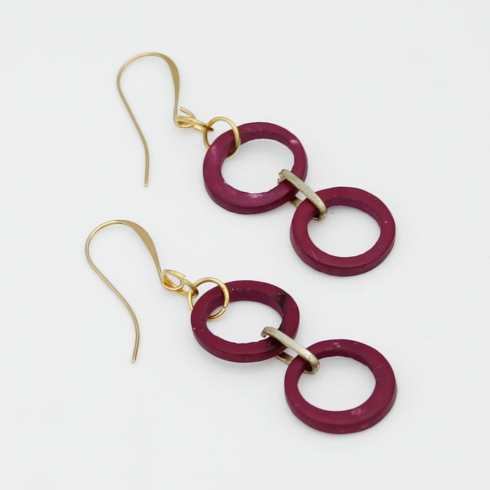Pair of earrings with gold hooks and pink circular links on a white background