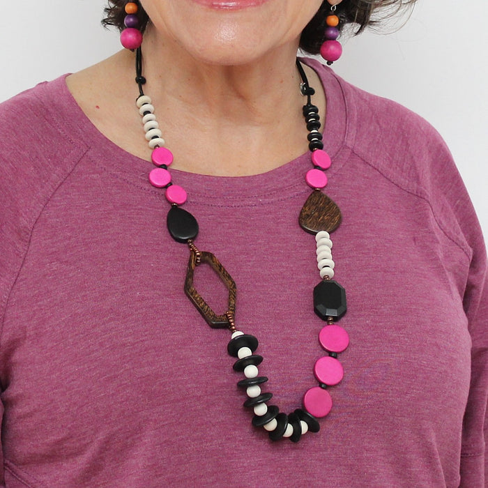 Fuchsia Wood Bead Gabby Necklace - Sylca Designs - Chunky Jewelry