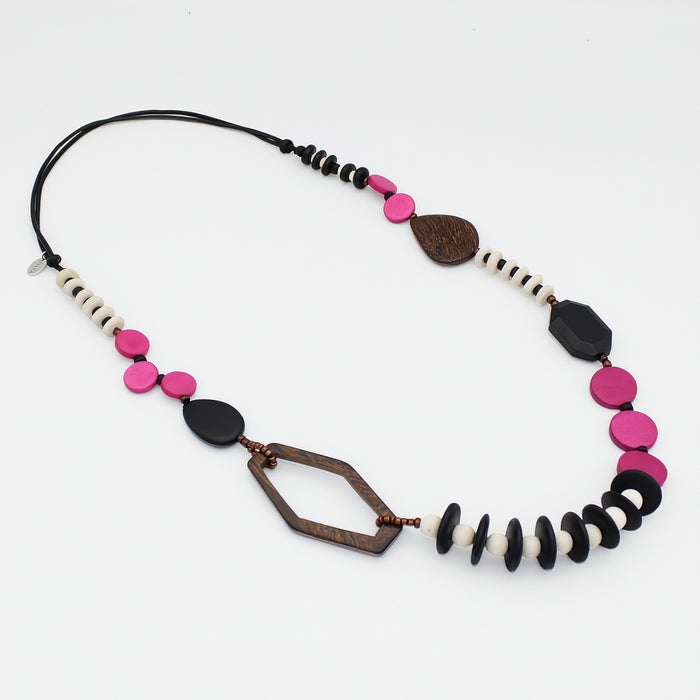 Fuchsia Wood Bead Gabby Necklace - Sylca Designs - Chunky Jewelry