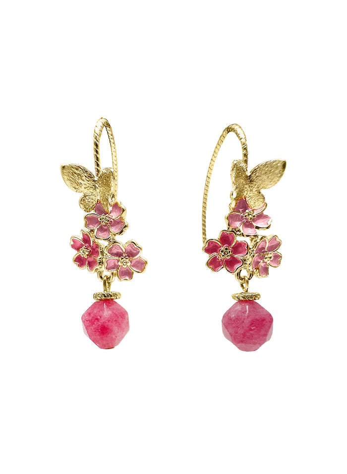 Glazed Flower with Pink Gemstone Dangle Earrings LE002 - FARRA