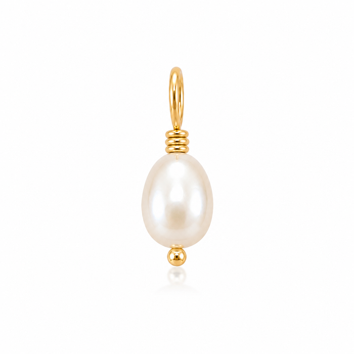 A gold pendant featuring a single teardrop-shaped white freshwater pearl wrapped in a delicate gold wire setting with a small gold bead at the bottom and a gold loop at the top.