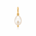 A gold pendant featuring a single teardrop-shaped white freshwater pearl wrapped in a delicate gold wire setting with a small gold bead at the bottom and a gold loop at the top.
