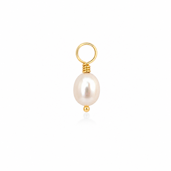 A single gold pendant charm featuring a freshwater pearl with a gold ring loop at the top and a small gold bead at the bottom