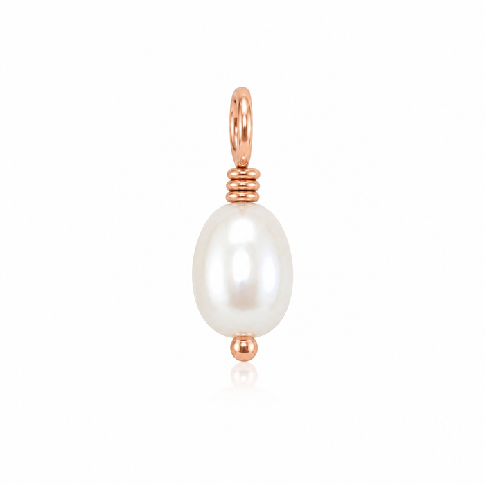 A rose gold pendant featuring a single white freshwater pearl suspended in a delicate spiral wrap setting with a small top loop.