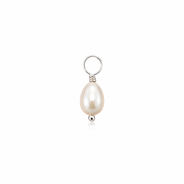 A single teardrop-shaped freshwater pearl pendant in a silver bezel setting with a top loop