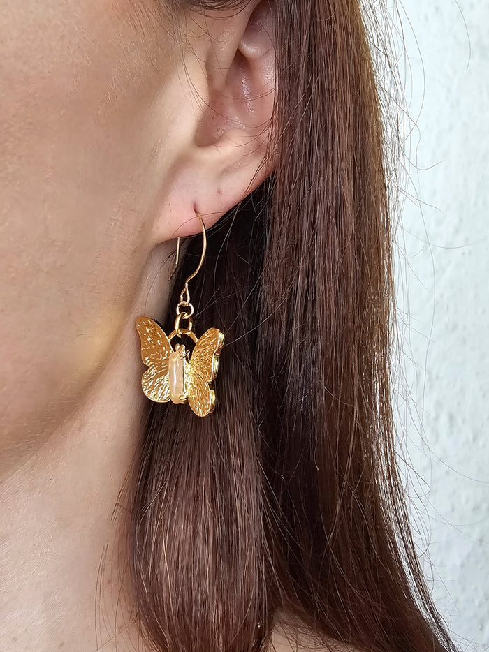 Gold Butterfly with Rose Quartz Stone Earrings PE027