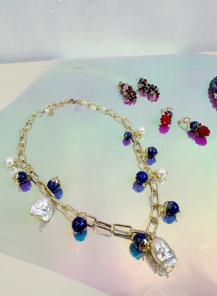 Gold Chain with Baroque Pearls and Lapis Charms Necklace JN022 - FARRA