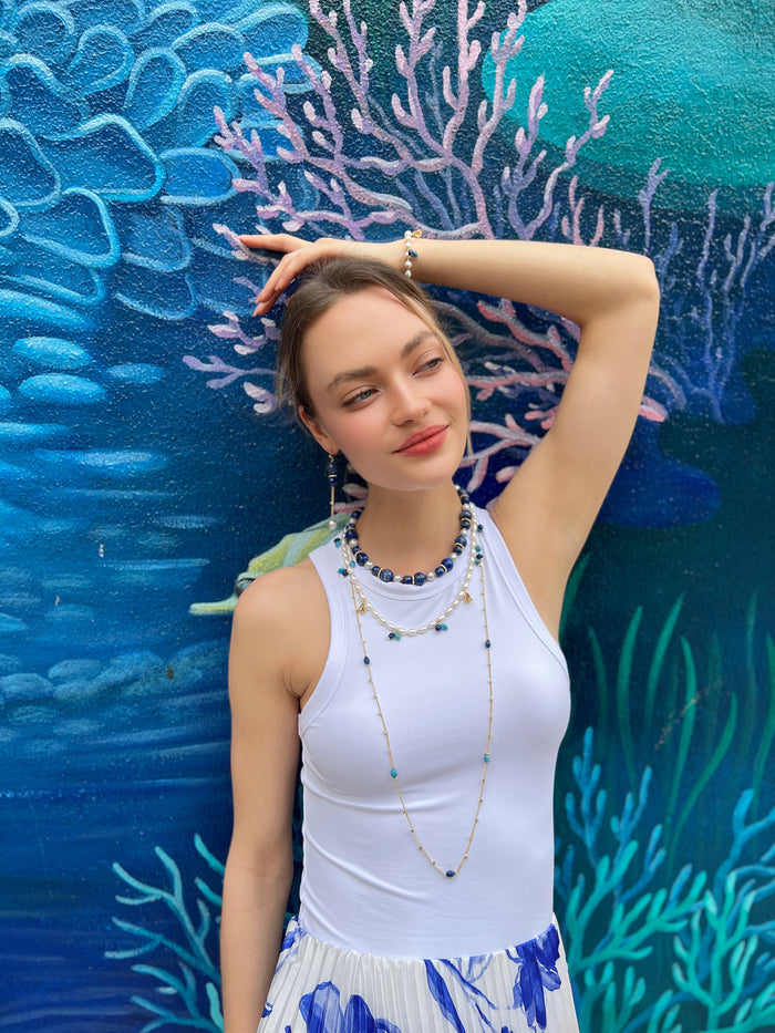 Gold Chain with Blue Gemstone Long Necklace LN032 - FARRA