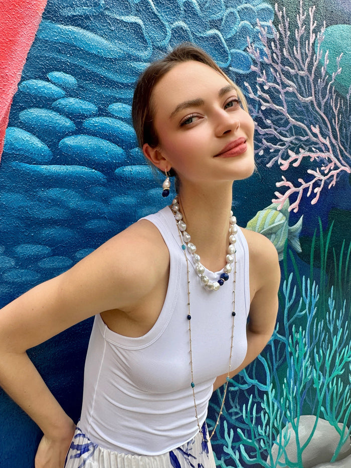 Gold Chain with Blue Gemstone Long Necklace LN032 - FARRA