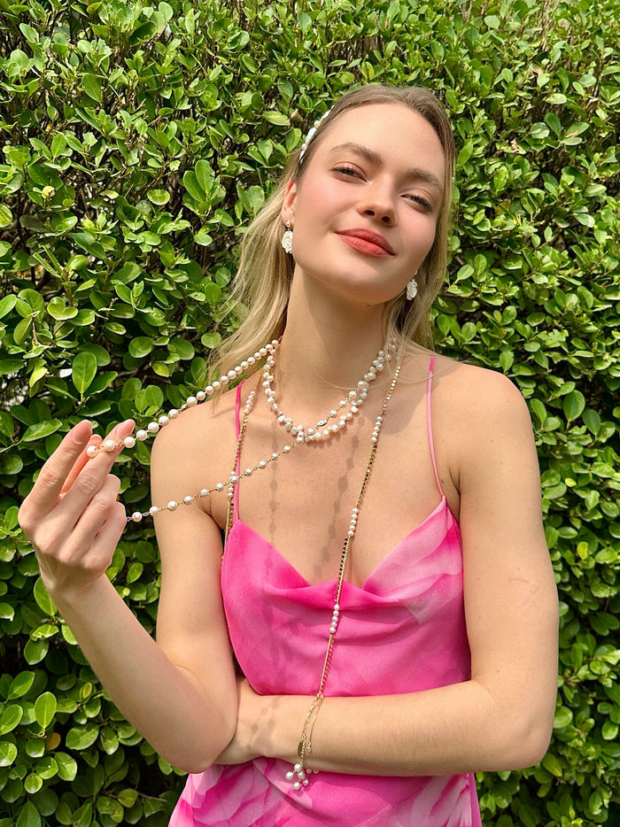 Gold Chain with Freshwater Pearls Long Necklace LN065 - FARRA