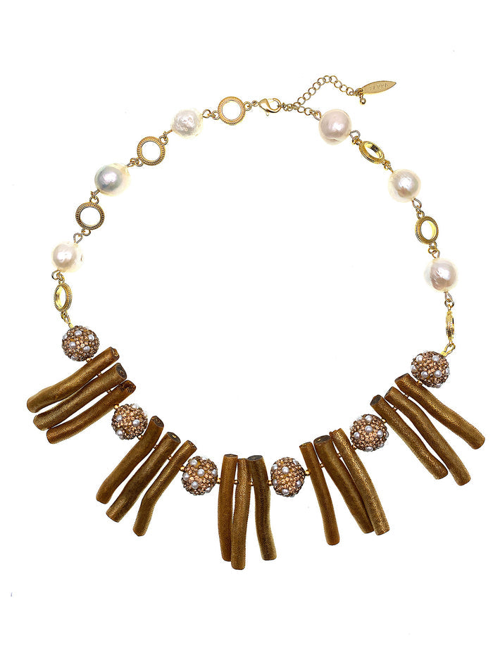 Golden Corals With Pearls Rhinestone Statement Necklace FN001 - FARRA