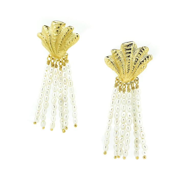 Gold shell pearl cascade earrings freshwater rice pearl tassel