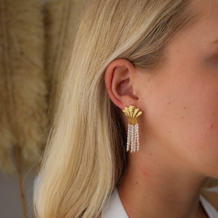statement shell earrings with pearl tassels