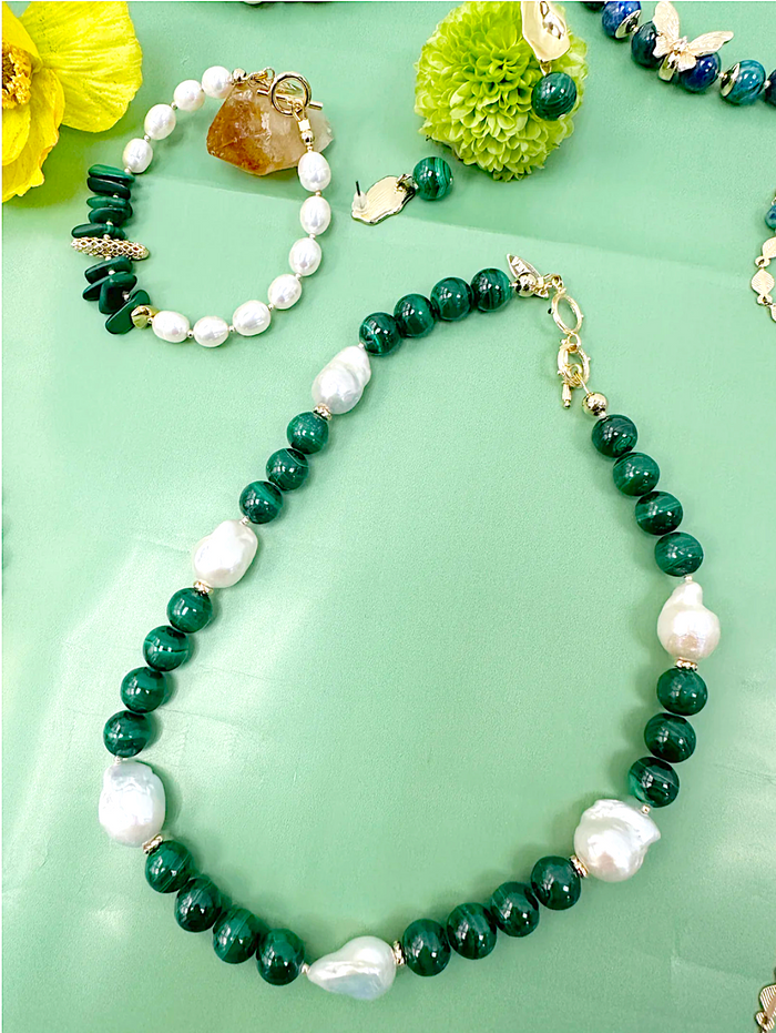 Gorgeous Baroque Pearls with Green Malachite Necklace LN045