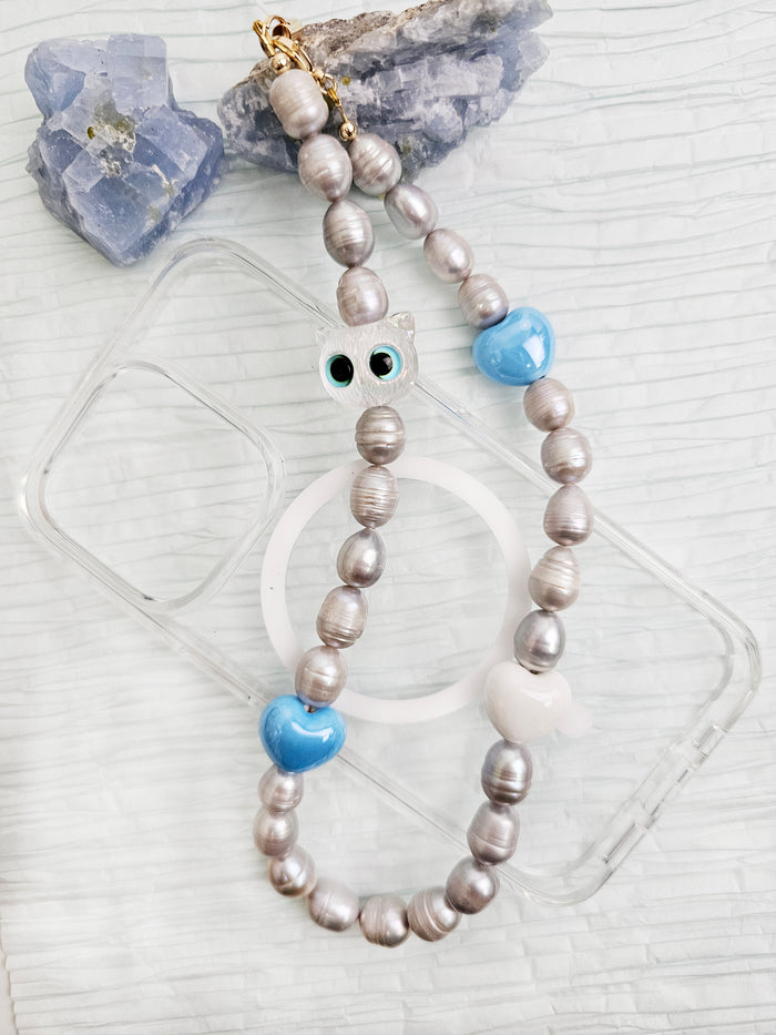 Gray Freshwater Pearls With Cat And Blue Heart Phone Strap PC003