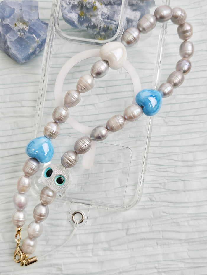 Gray Freshwater Pearls With Cat And Blue Heart Phone Strap PC003