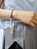Gray Freshwater Pearls With Pink Ceramic Hearts Phone Strap PC047