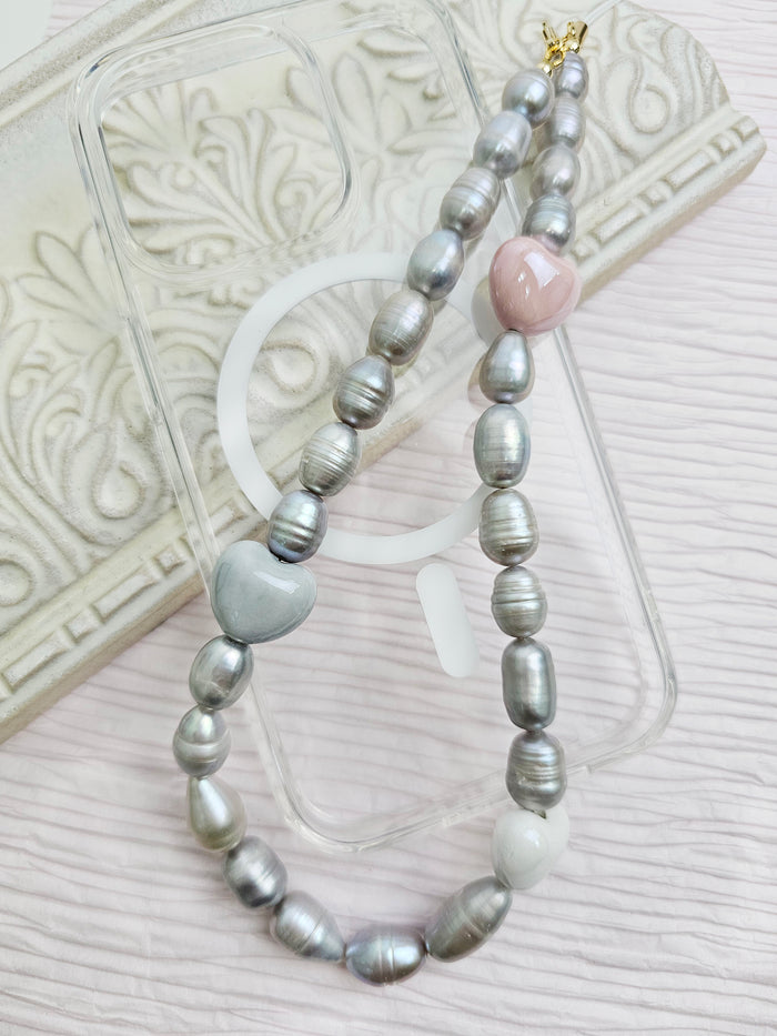 Gray Freshwater Pearls With Pink Hearts Phone Strap PC007