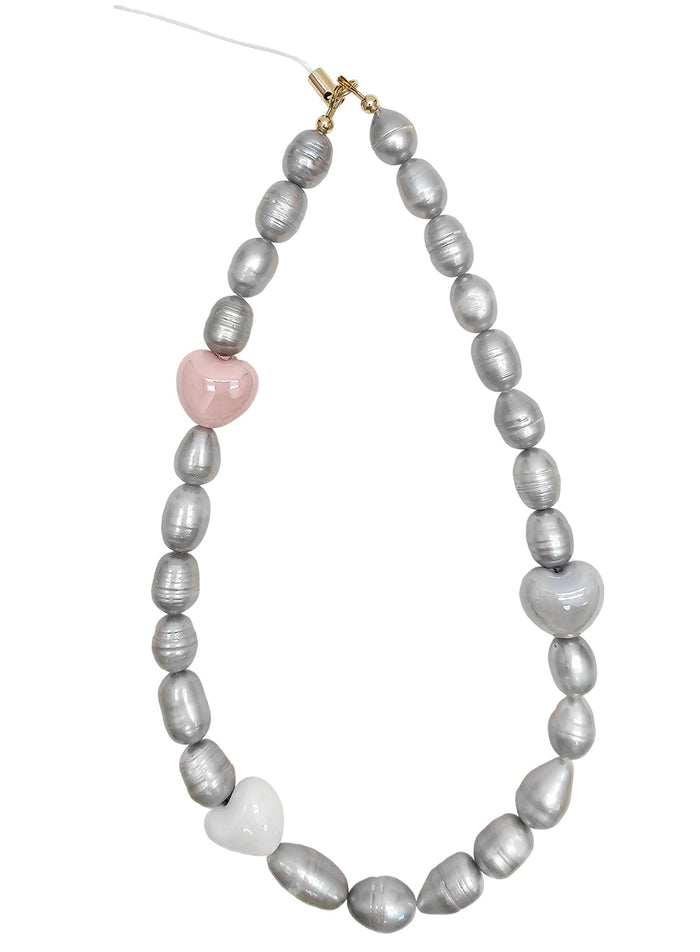 Gray Freshwater Pearls With Pink Hearts Phone Strap PC007