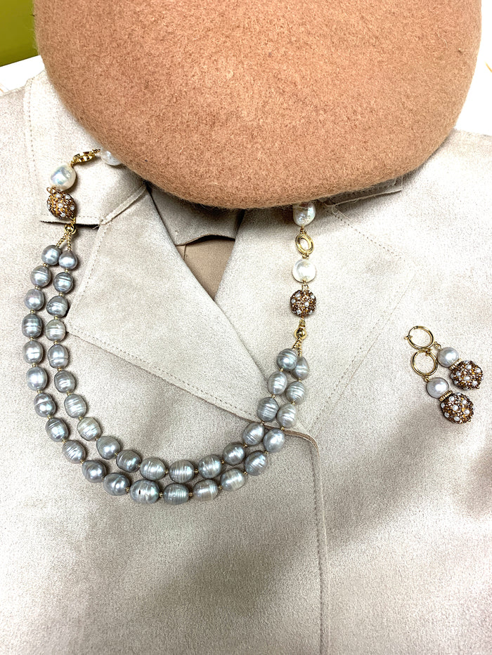 Gray Freshwater Pearls With Rhinestones Bordered Pearls Classic Clip On Earrings FE020 - FARRA