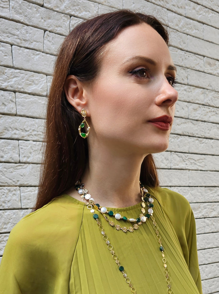 Green Agate Frame Dangle Statement Earrings PE045