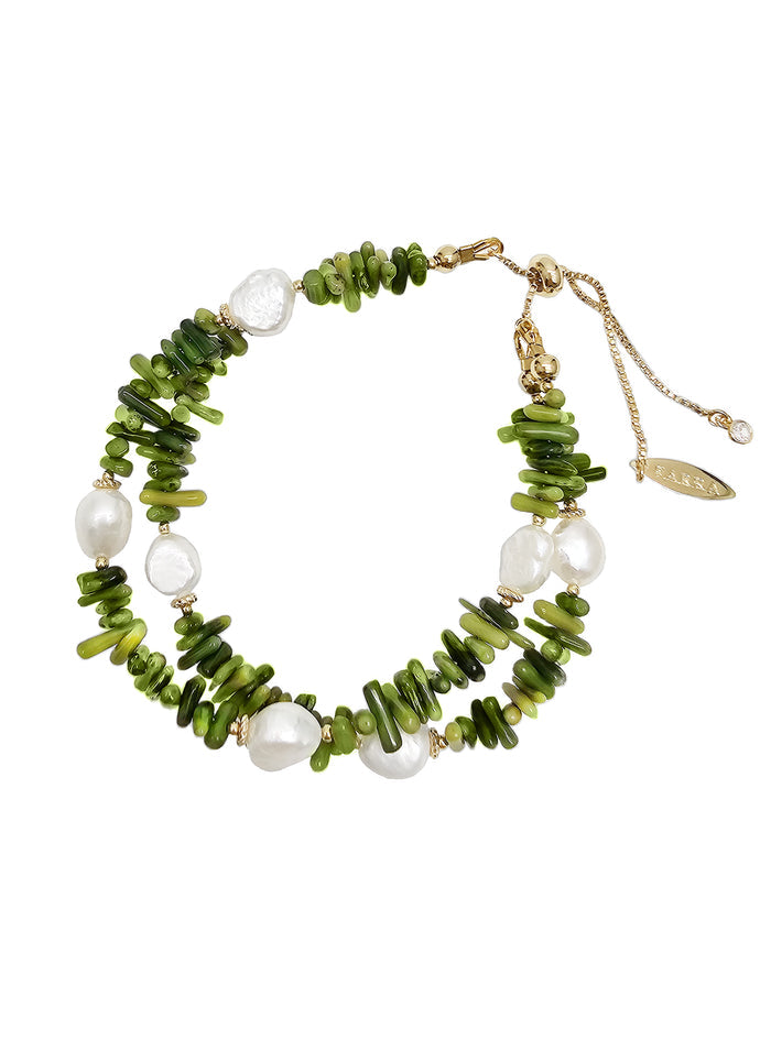 Green Bamboo Coral With Freshwater Pearls Double Layers Bracelet QB004