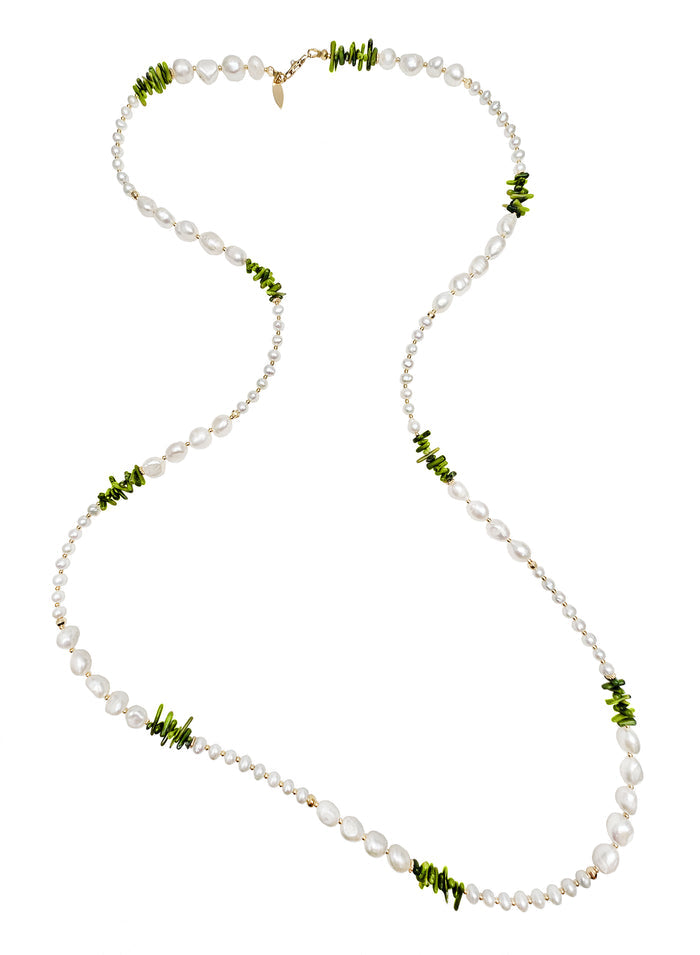 Green Bamboo Coral with Freshwater Pearls Long Necklace QN013