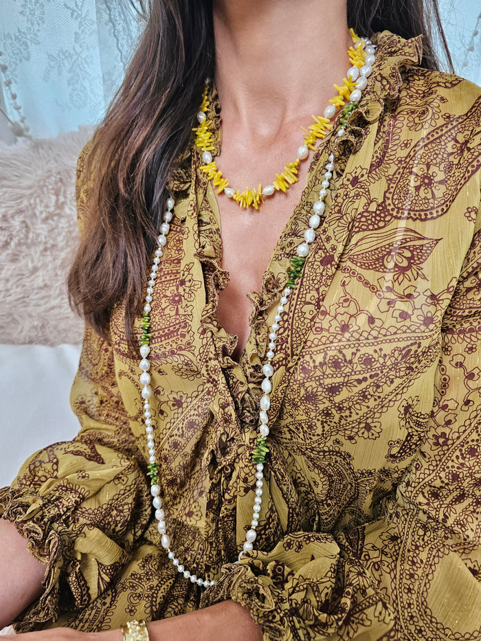 Green Bamboo Coral with Freshwater Pearls Long Necklace QN013