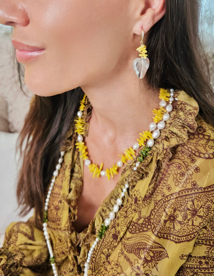 Green Bamboo Coral with Freshwater Pearls Long Necklace QN013
