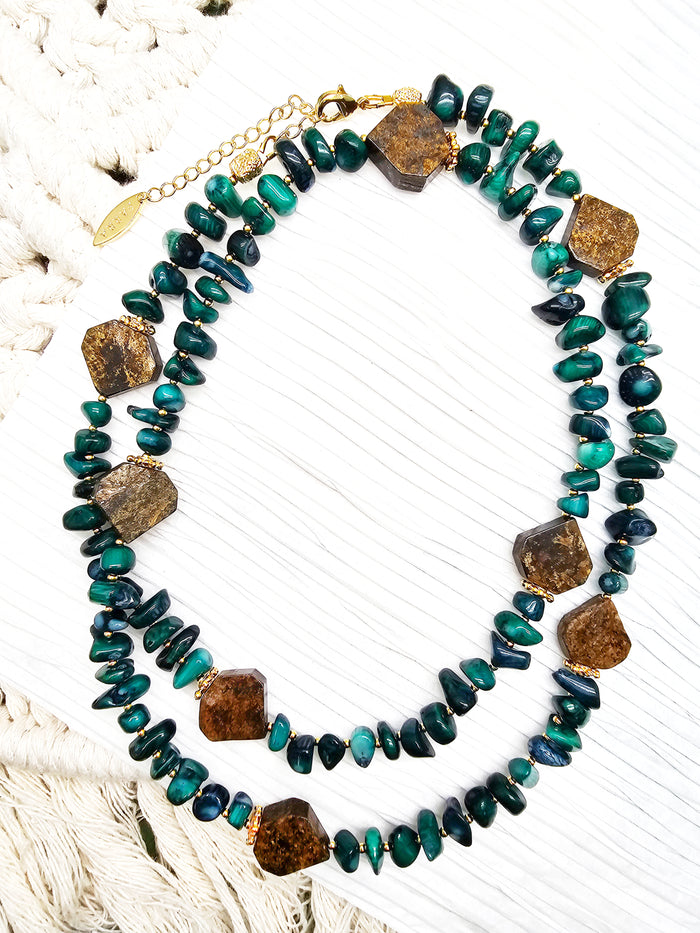 Green Bamboo Coral With Tiger-eye Stone Long Necklace QN015