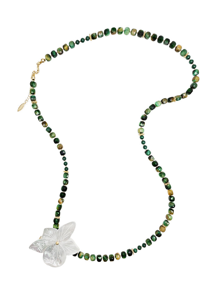 Green Cube Tiger-eye Stone With Giant Flower Shell Long Necklace QN019