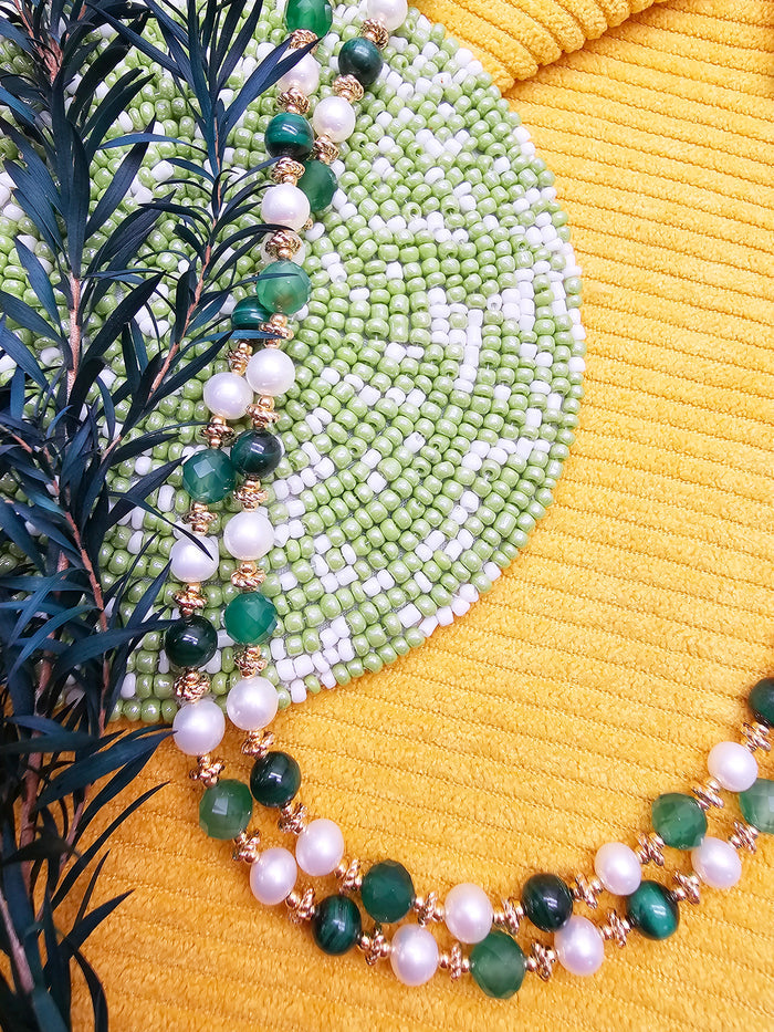 Green Gemstone And Freshwater Pearls Double Layers Necklace SN024
