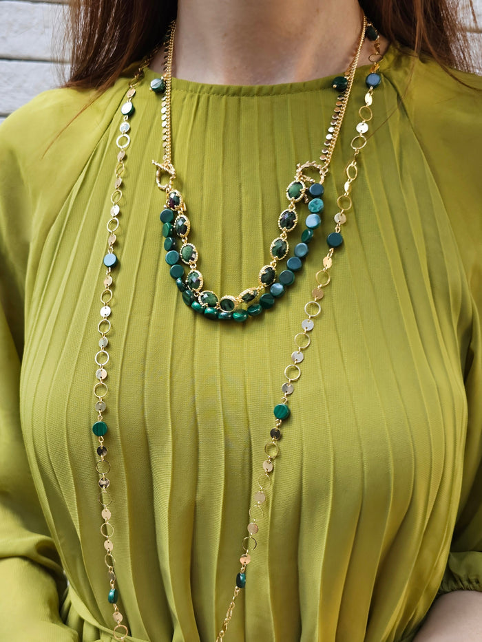 Green Gemstone With Chain Versatile Necklace PN061